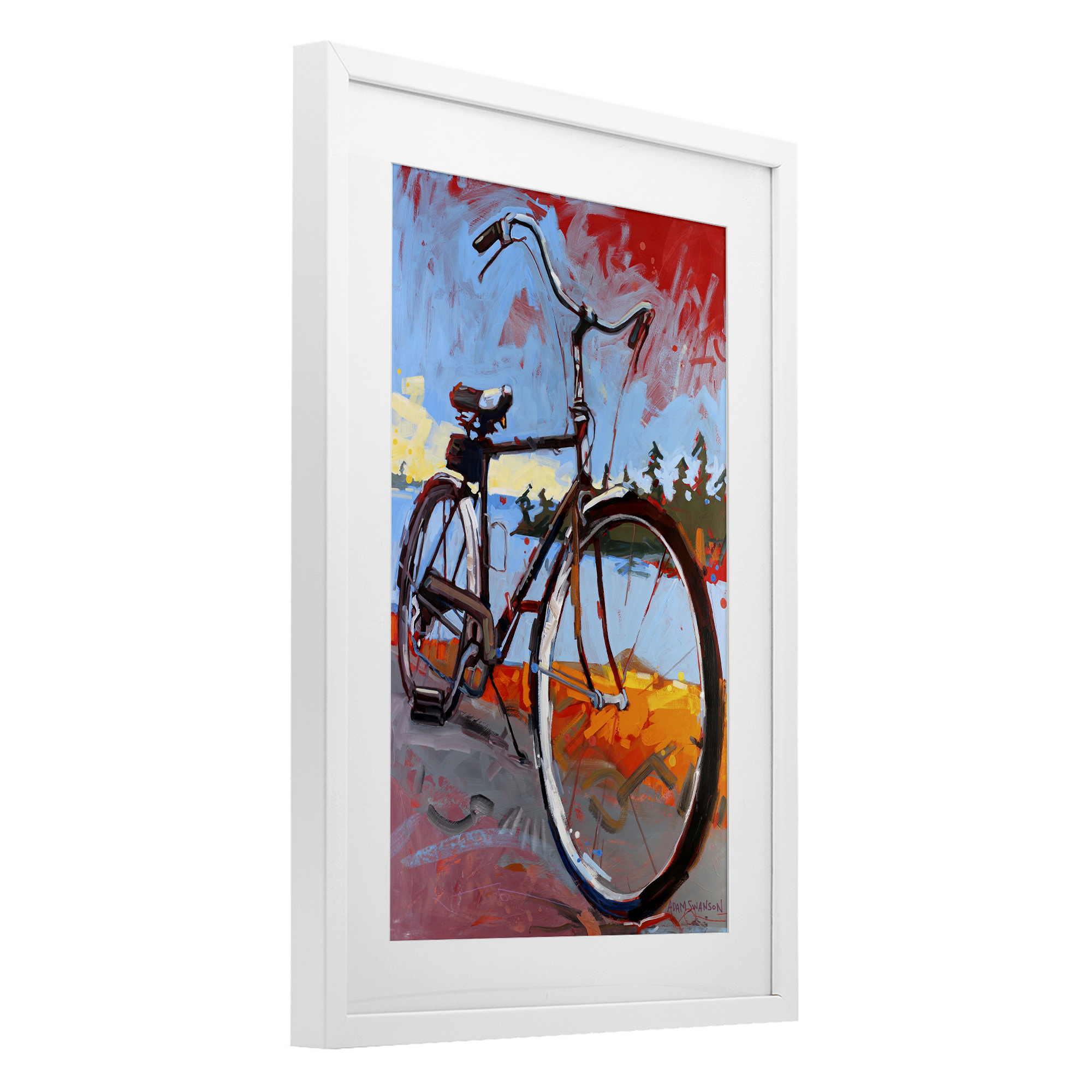 Tonight Bicycle Journey White Framed Print Under Glass, design by Adam Swanson