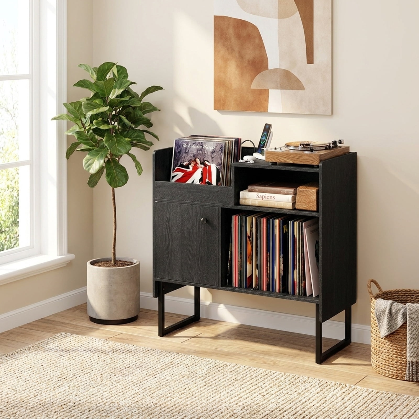 Furnibear Record Player Stand with Power Outlets USB Type-C Ports and Vinyl Storage Holder for up to 250 Albums Cabinet, Black