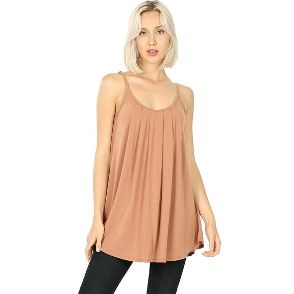 ShezPretty Women's Solid Sleeveless Pleated Cami Adjustable Straps Tank Tops (Small, EGG SHELL)