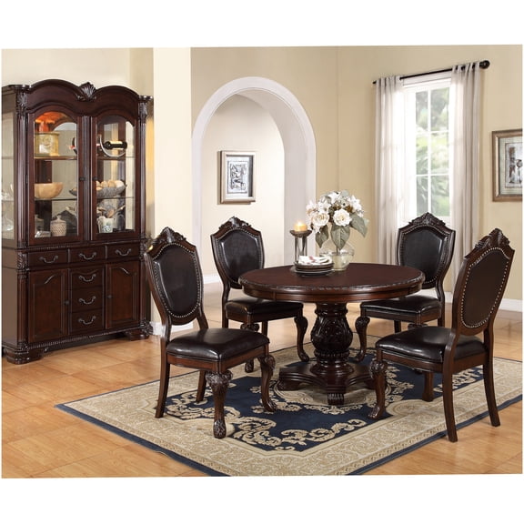 5-Piece Round Formal Dining Set with Pedestal Table and Upholstered Chairs, Brown