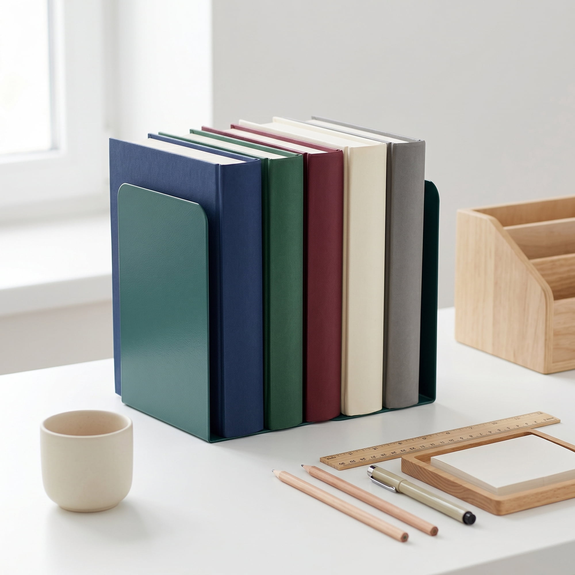 Unique Bargains Expandable L-Shaped Bookends with Compartments Home 2 Pcs Dark Green 5.2"L x 4.1"W x 7.7"H