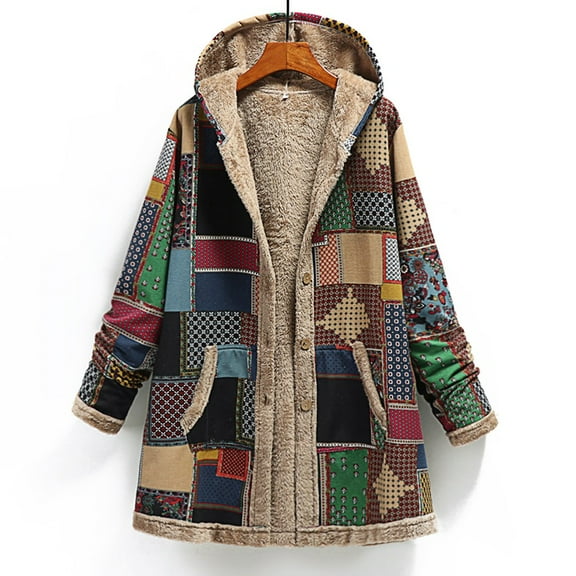 VEKDONE 2025 Clearance Womens Jackets Parka Plaid Block Patchwork Hooded Cotton Quilted Warm Padded Long Loose Coats Winter Plus Size