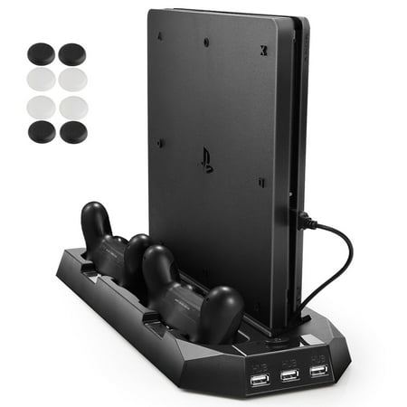 AGPtek Vertical Stand for PS4 Slim / PS4 Cooling Fan Dual Controller Charging Station 3 Extra USB (Best Accessories For Ps Vita Slim)