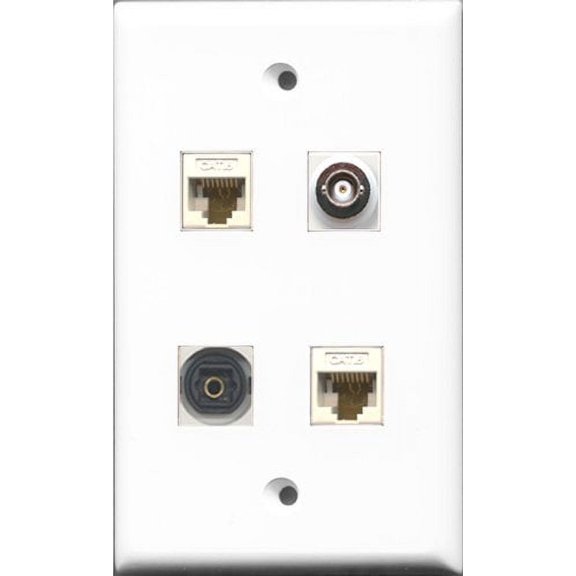RiteAV 1 Port Toslink and 1 Port BNC 2 Port Cat6 Ethernet White Wall Plate