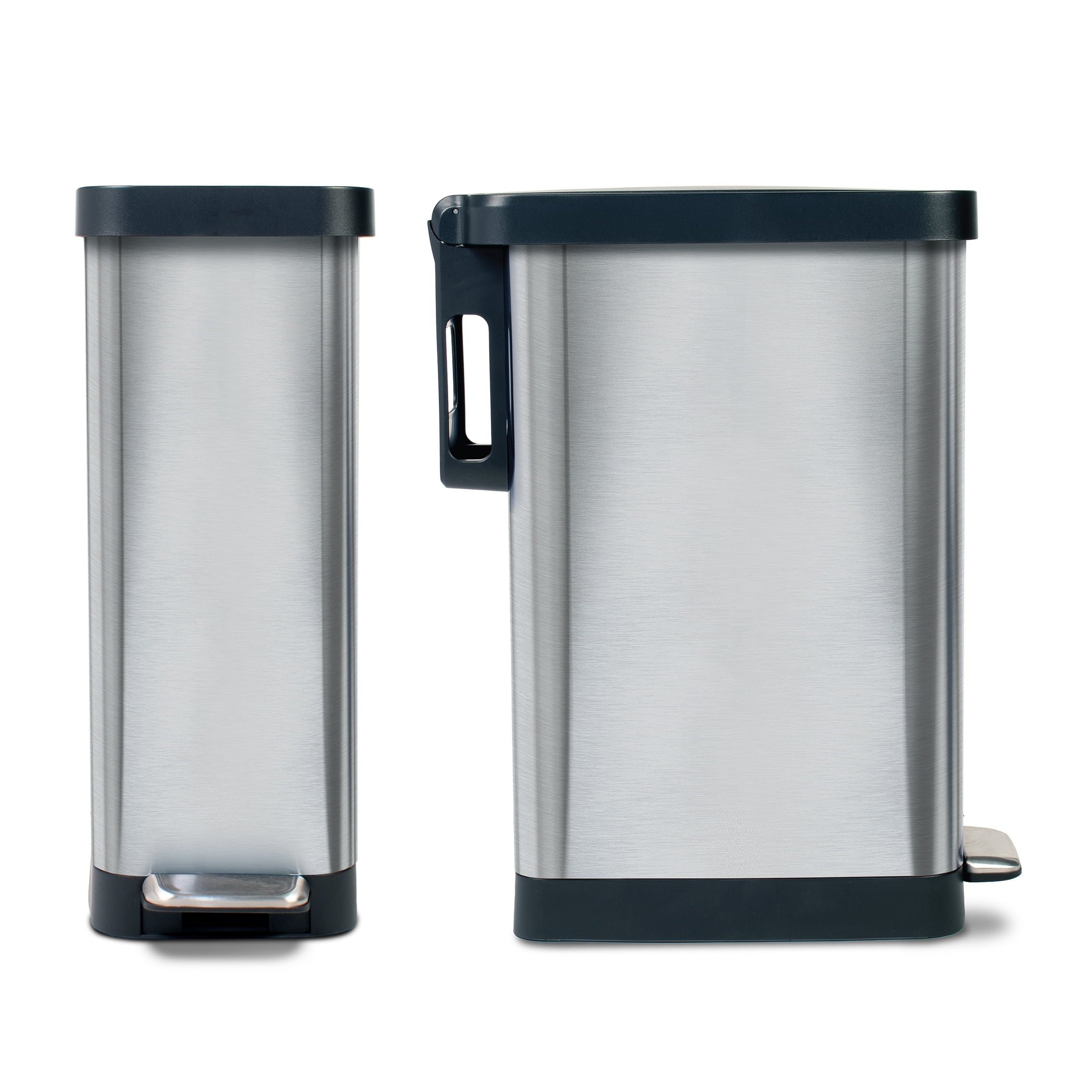 Glad Kitchen Trash Can, 12 Gallon Stainless Steel Slim Step Garbage Bin with Black Lid, Silver