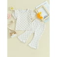 thumbnail image 2 of Toddler Baby Girls Summer Outfits Checkerboard Print Crew Neck Short Sleeve T-Shirts and Elastic Waist Flare Pants Set, 2 of 7
