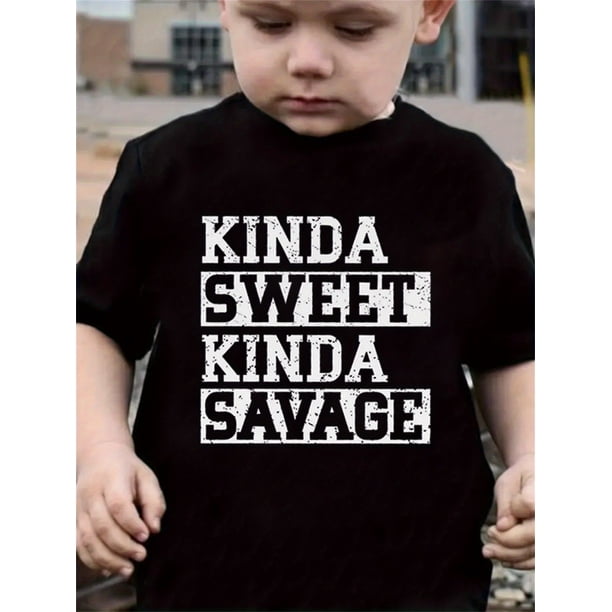 Boys' "Kinda Sweet Kinda Savage" Graphic Tee - Fashionable Round Neck T-Shirt with Bold Black Lettering & Palm Tree Applique, Perfect for Spring/Summer