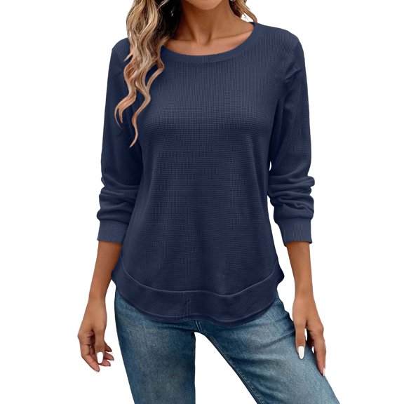 QQZ Oversized Waffle Knit Crewneck Long Sleeve Top For Women, Solid Color Curved Hem Casual Basic Shirt, Fall Outfits For Women, Daily Office Weekend Layering Wear