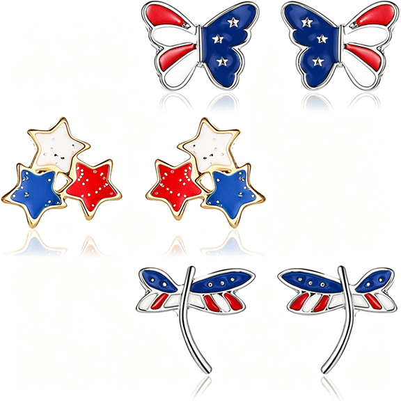 DESIGNICE 3 Pairs American Flag Stud Earrings for Women Fashion Red Blue Star Butterfly Dragonfly July 4Th Usa Patriotic Independence Day Earrings Jewelry Accessory