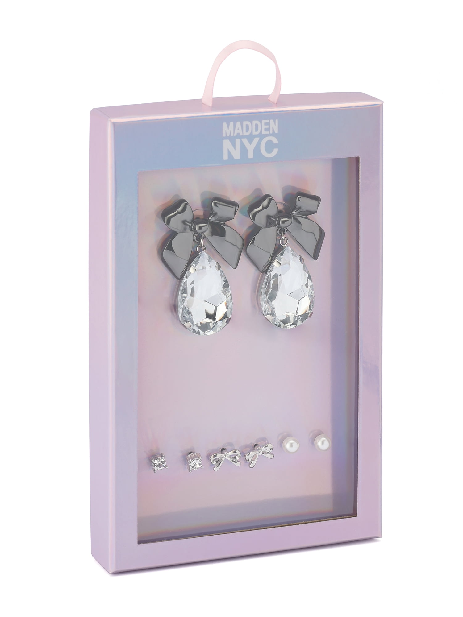 Madden NYC Women's Fashion Rhodium Bow Stone Gem Drop & Stud Earring 4-Piece Giftable Boxed Statement Set