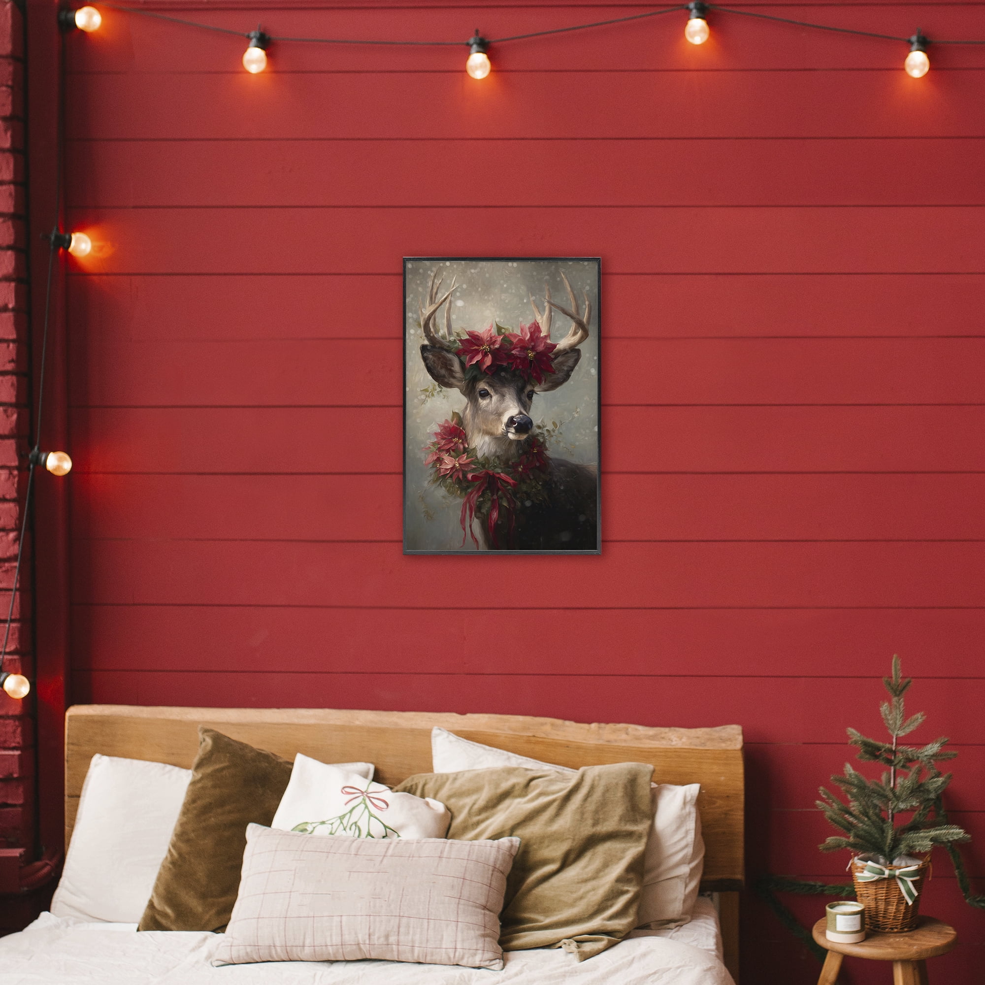 Stupell Industries Poinsettia Christmas Deer Black Framed Giclee Art, design by Tina LeCour