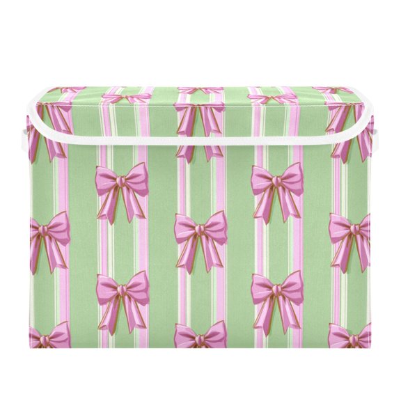 Green Pink Stripes Cute Bows Foldable Storage Bin with Lid and Handle Collapsible Storage Box 16.5 x 12.6 x 11.8 inches