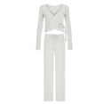 thumbnail image 4 of vdgthytj 2 Piece Sets for Women Long Sleeve V-Neck Wrap Waist Crop Tops Drawstring Wide Leg Pants Fall Casual Going out Outfits, 4 of 5