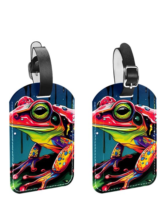 Square 2Pack PU Leather Frog Cruise Luggage Tag with Privacy Cover and Name ID Tag for Travel Handbags Backpacks Luggage Tags
