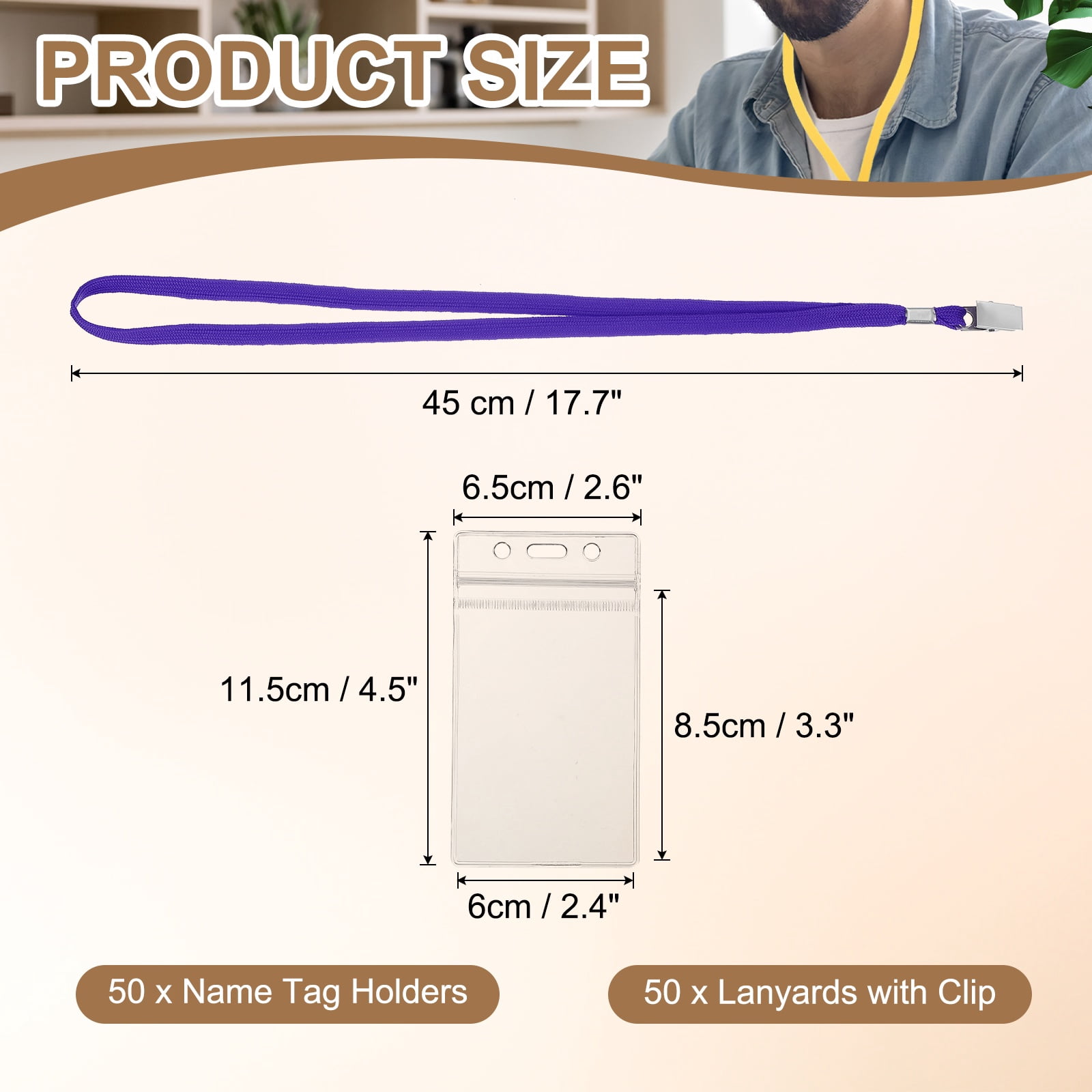 Uxcell 50 Set Name Tag Holders with Lanyard, Plastic Waterproof Badge Holder with Alligator Clip Lanyards for ID Badges Office Teacher Events Meetings, Purple(3x2 Inch)