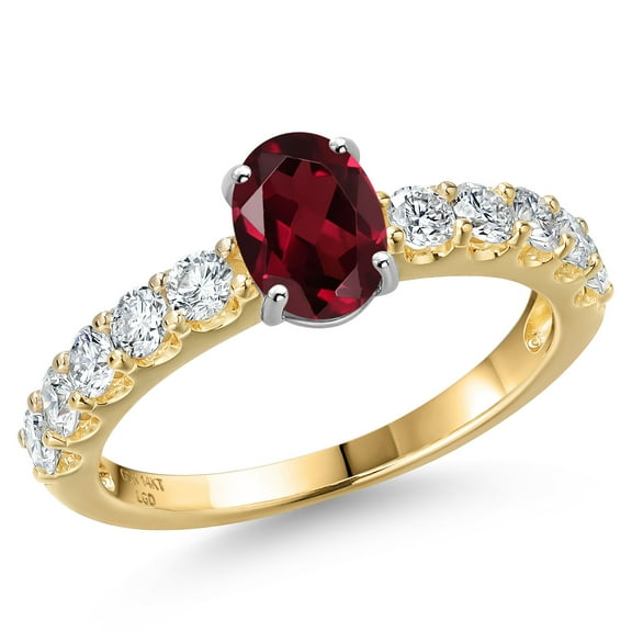 Gem Stone King 14K Two Tone Gold Red Rhodolite Garnet and Lab Grown Diamond Engagement Ring for Women | 1.55 Cttw | Oval 7X5MM | Gemstone January Birthstone | Size 6