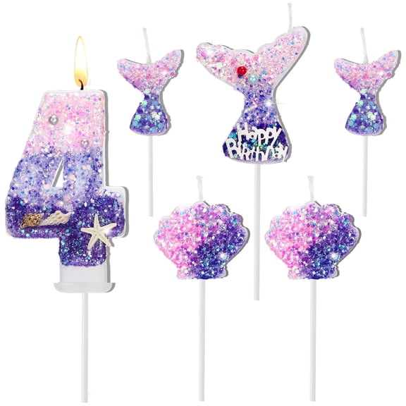 6 Pcs Birthday Candles, 2.8 Inch Mermaid Birthday Cake (Number 4)