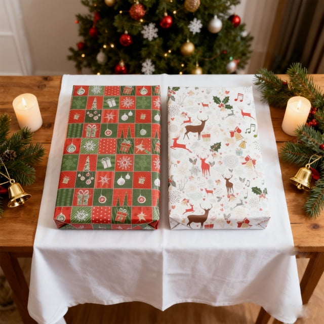 Papel de Regalo Navideño con Estampado de Ramo a Doble Cara | Rojo | 50 × 74 Cm | 30 G | Ideal para Envolver Regalos | Perfecto para Fiestas Navideñas | 1 Rollo