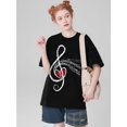 thumbnail image 1 of T-Shirt Décontracté à Manches Courtes pour Femmes, Col Rond, Imprimé Cœur et Design Note de Musique, Tissu Tricoté pour Toutes les Saisons, 1 of 5