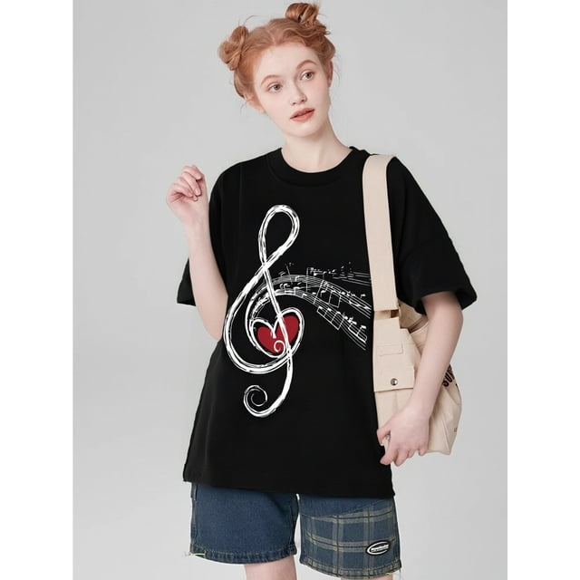 T-Shirt Décontracté à Manches Courtes pour Femmes, Col Rond, Imprimé Cœur et Design Note de Musique, Tissu Tricoté pour Toutes les Saisons
