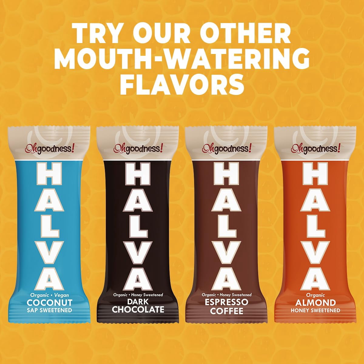 Oh, Goodness! Organic Halva Bars - Paleo Friendly - No Additives, Refined-Sugar, or Artificial Sweeteners - 40g Each - 16 Pack (Honey)