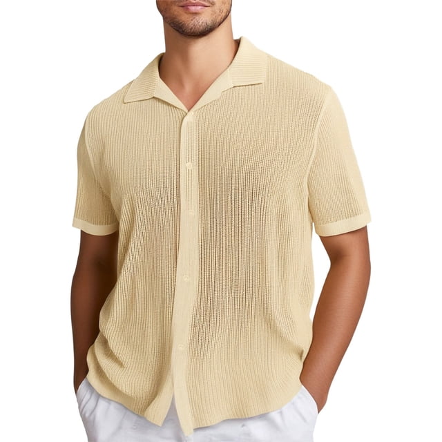 Camisa informal de manga corta con solapa de punto para hombre - Prenda ligera de poliéster para el verano, de color liso y transpirable - Diseño ligero de poliéster - Estampado en contraste - Tall