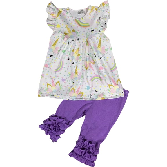 Little Girl Kids Short Sleeve Unicorn Rainbow Ruffle Short Pants Set Off White 2T XS 201276 BNY Corner