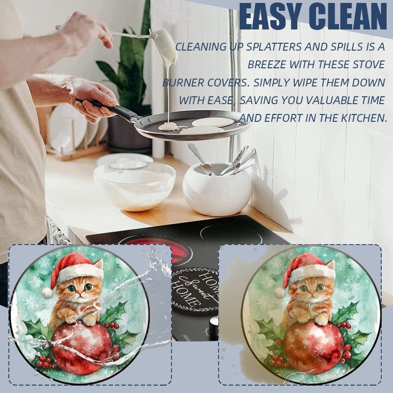 Christmas Stovetop Covers Electric Stove Cooktop, Red Christmas Ornament Cute Cat Round Xmas Decorative Kitchen Decor Stove Burner Covers Set of 4, 8 Inches and 10 Inches