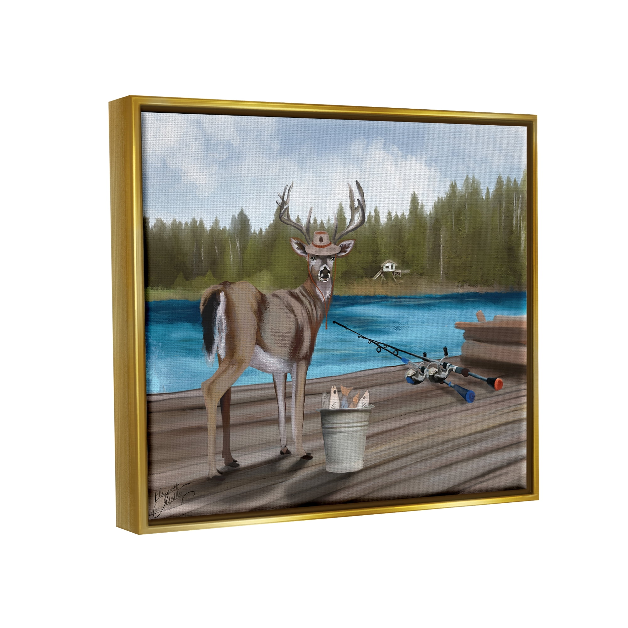 Stupell Funny Fisherman Deer Camp Lake Animals & Insects Painting Gold Floater Framed Art Print Wall Art