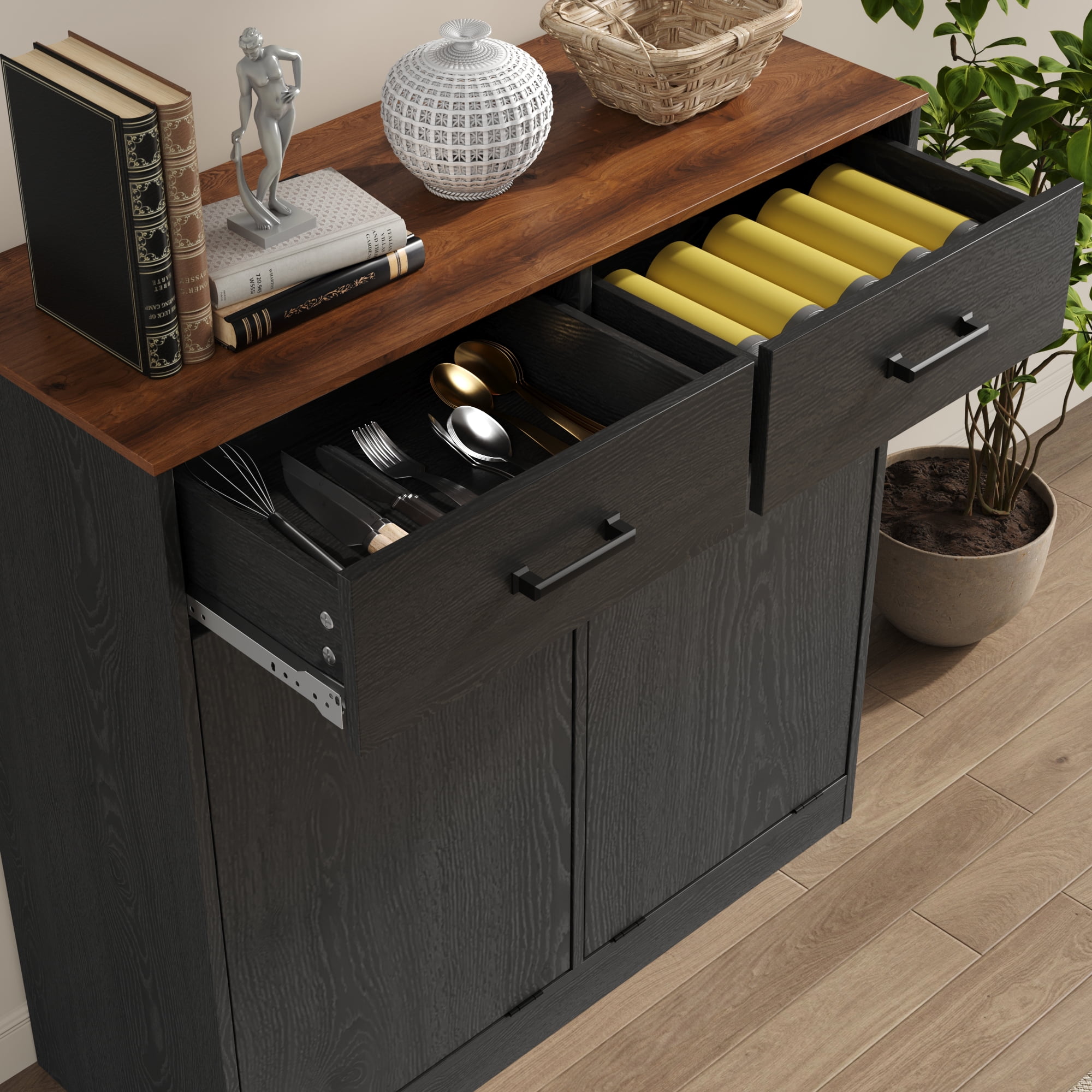 DIYART Farmhouse Double Tilt Out Trash Can Cabinet fits 10 Gallon Trash Bin, Kitchen Recycling Cabinet with 2 Drawers, Hidden Garbage Can Storage for Kitchen & Dining Room, Antique Black