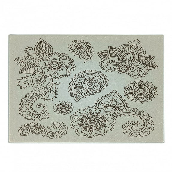 Floral Cutting Board, Flowers and Paisley Pattern Doodles in Various Shapes and Designs Monochrome Image, Decorative Tempered Glass Cutting and Serving Board, Small Size, Beige Brown, by Ambesonne