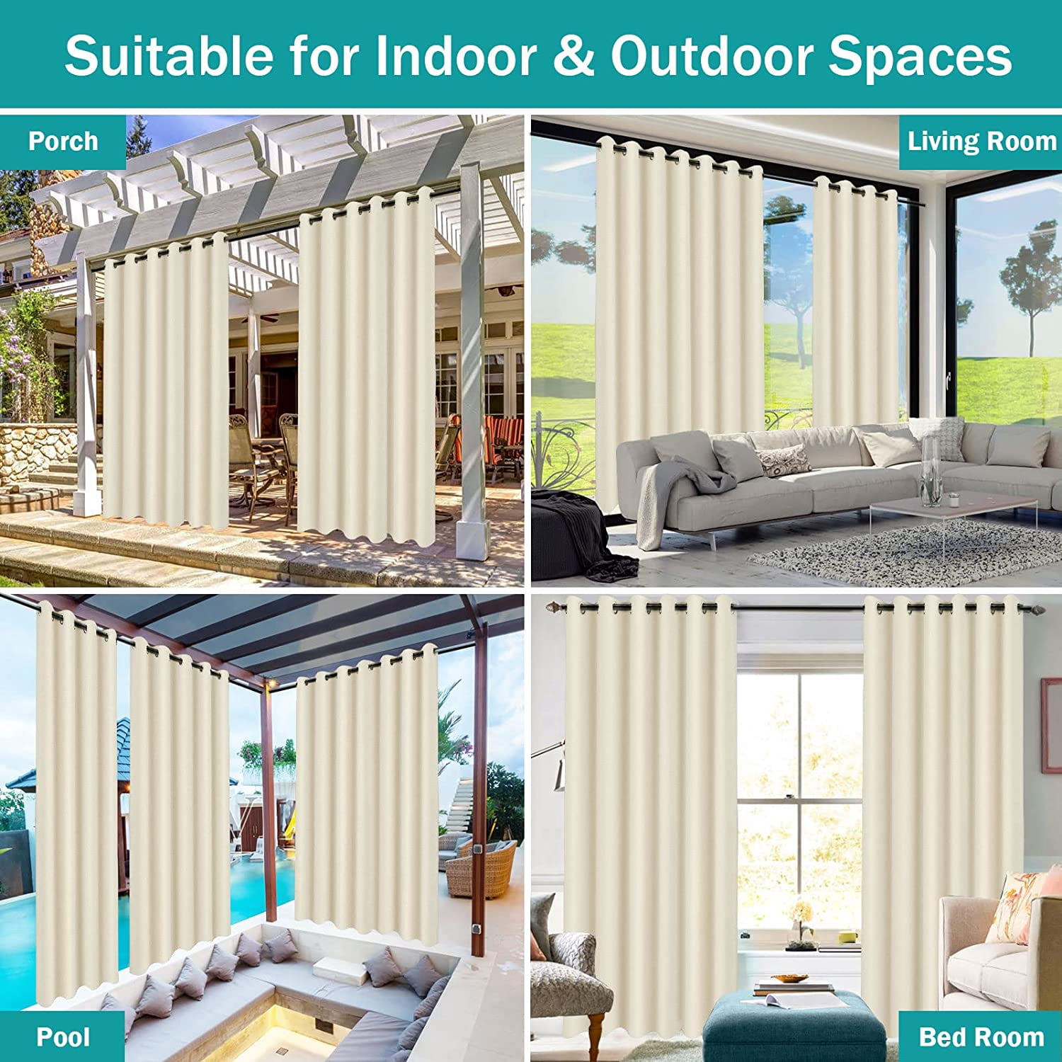 (4 Panel) Gazebo Patio Outdoor Curtains -Waterproof Garden Blackout Thermal Insulated Sun Shades Grommet Privacy Curtain for Pergola Porch, Beige, W52 x L84 in