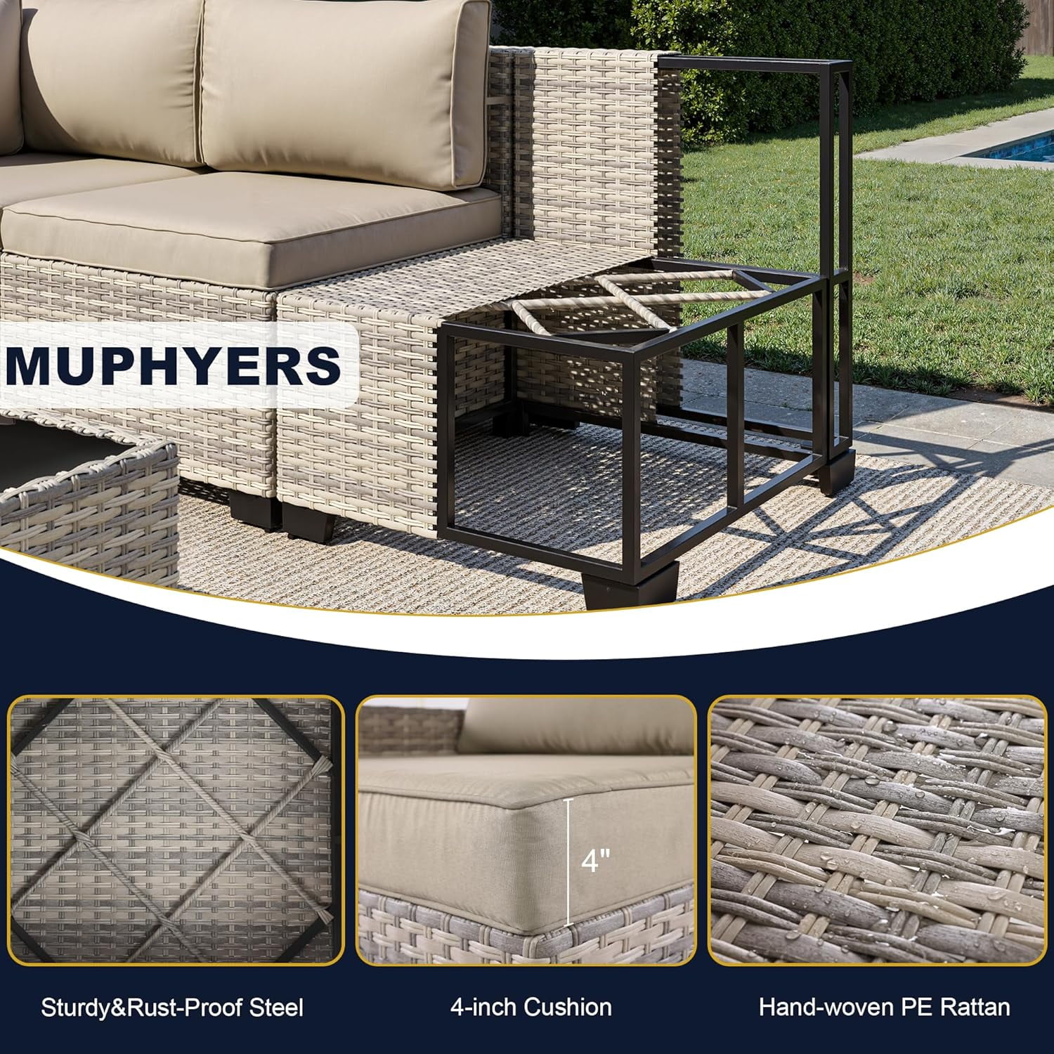 11-Piece Outdoor Patio Furniture Set with Rocking Swivel Chair, Wicker Rattan Sectional Sofa Conversation Set with 55,000 BTU Fire Pit Table, Backyard Furniture,Beige