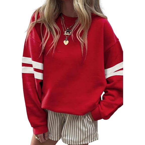 CURBODO Women's Striped Varsity Sweatshirt Oversized Long Sleeve Crewneck Pullover Fall Casual Tops