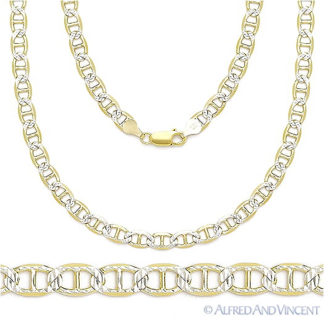 3.5mm Marina / Mariner D-Cut Pave Link Chain Necklace in .925 Sterling Silver w/ 14k Yellow Gold