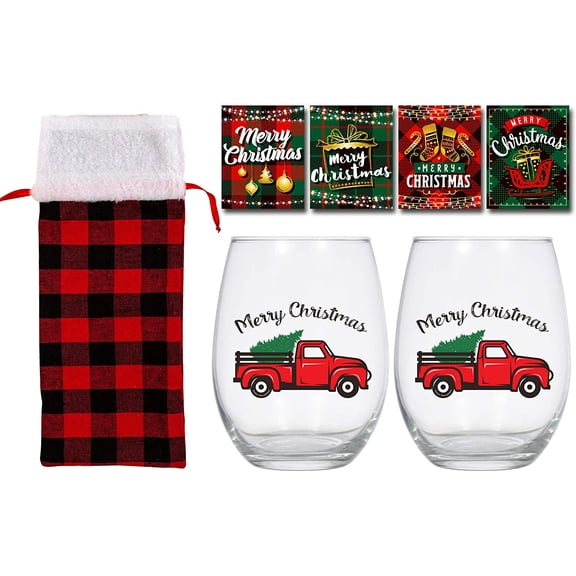Stemless Wine Glasses Set with Wine Gift Bag and Set of 4 Wine Bottle Labels, Stemless Wine Glass