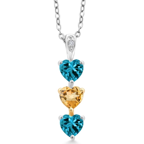 Gem Stone King 1.57 Cttw London Blue Topaz Yellow Citrine and Lab Grown Diamond 3 Stone Heart Shape Pendant Necklace for Women By Keren Hanan | 925 Silver and 10K Yellow Gold | 18 inch Chain