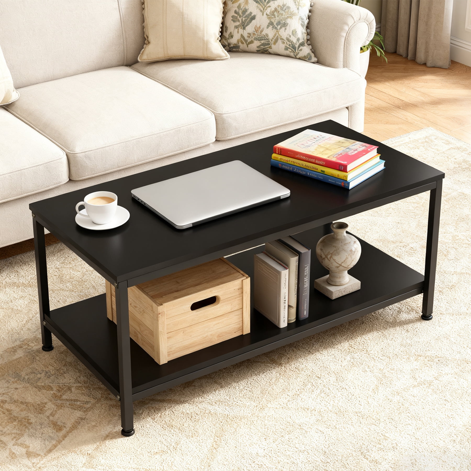 ZenSports 39.4"L Rectangle 2-Tier Coffee Table Wood Cocktail Table Metal Frame W/Storage Shelf,Black for Apartment Home Office