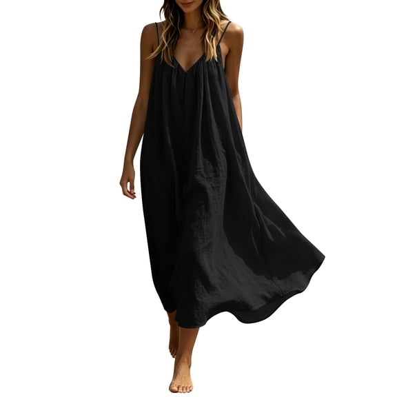Kezqiaxn Flowy Dresses for Women 2026 Spaghetti Strap Sleeveless V-Neck Midi Dress Beach Sundress Plus Size Fashion