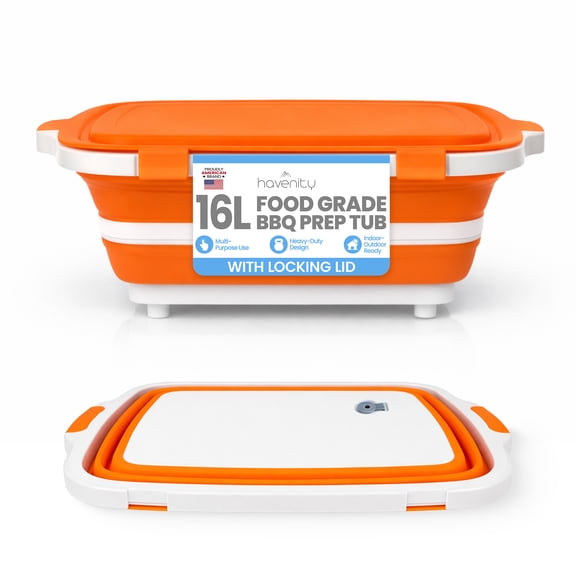 Havenity Collapsible BBQ Prep Tub 16L - For Meal Prep, Marinating, Food Storage - Includes Cutting Board Lid - Orange - XL