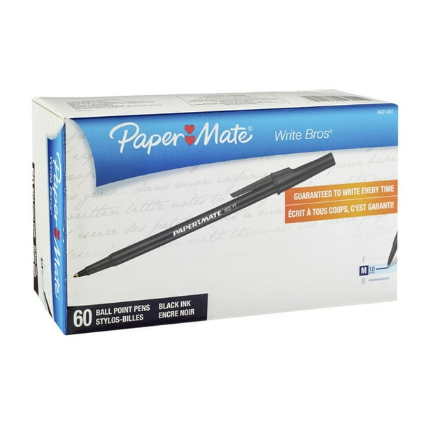 Paper Mate Write Bros. Ballpoint Stick Pen, 1.0 mm Medium Tip, Black Ink/Barrel, Pack of 60
