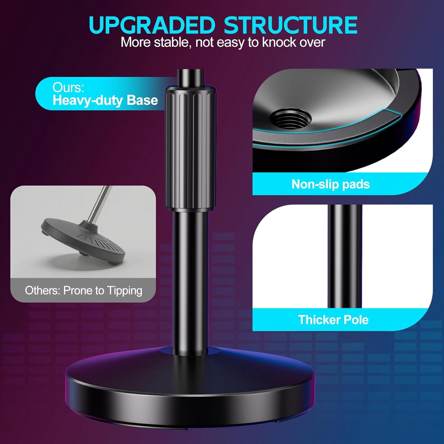 Multi Microphone Holder with Desktop Mic Stand, Square Tray with  Slots Holds  to 7 Mics, Wired and Wireless Mic Holder for Stage Organizer and Display-7 Anti-roll Rings Included