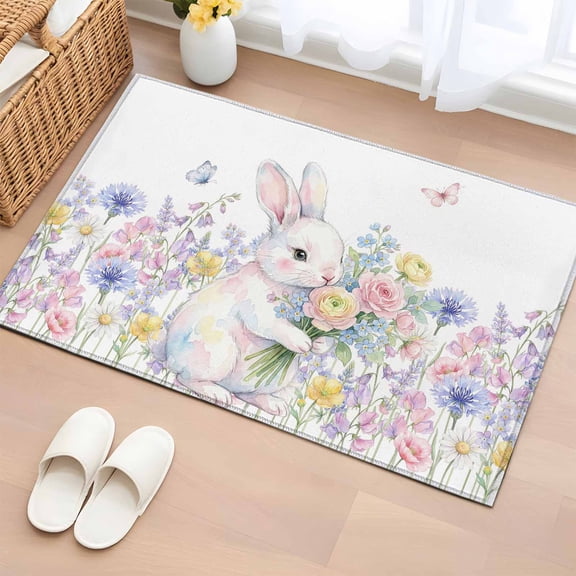 Easter Bunnies Entryway Rug 2'x3' Non Slip Front Door Mats, Spring Cute Rabbits Floral Watercolor Entrance Rugs Indoor Outdoor Carpet, Washable Floor Mats Small Area Rug for Bedroom Kitchen