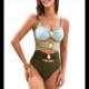 thumbnail image 2 of Traje de Baño de una Pieza para Mujer, con Corte de Color y Bloques de Color, con Aros Dorados y Ribetes. Verde XL, 2 of 10