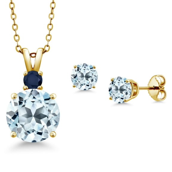 Gem Stone King 18K Yellow Gold Plated Silver Round Sky Blue Topaz and Blue Sapphire Pendant and Earrings Jewelry Set for Women (6.39 Cttw, Gemstone Birthstone, with 18 inch Chain)