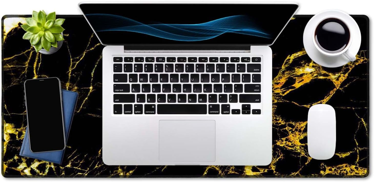 Extended Mouse Pad, XXL Gaming Mouse Pads, Large Big Mousepad Laptop Computer Keyboard Mat Desk Pad with Non-Slip Base Stitched Edge for Gaming Office, 35.5 x 15.7 inch, Gold Marble