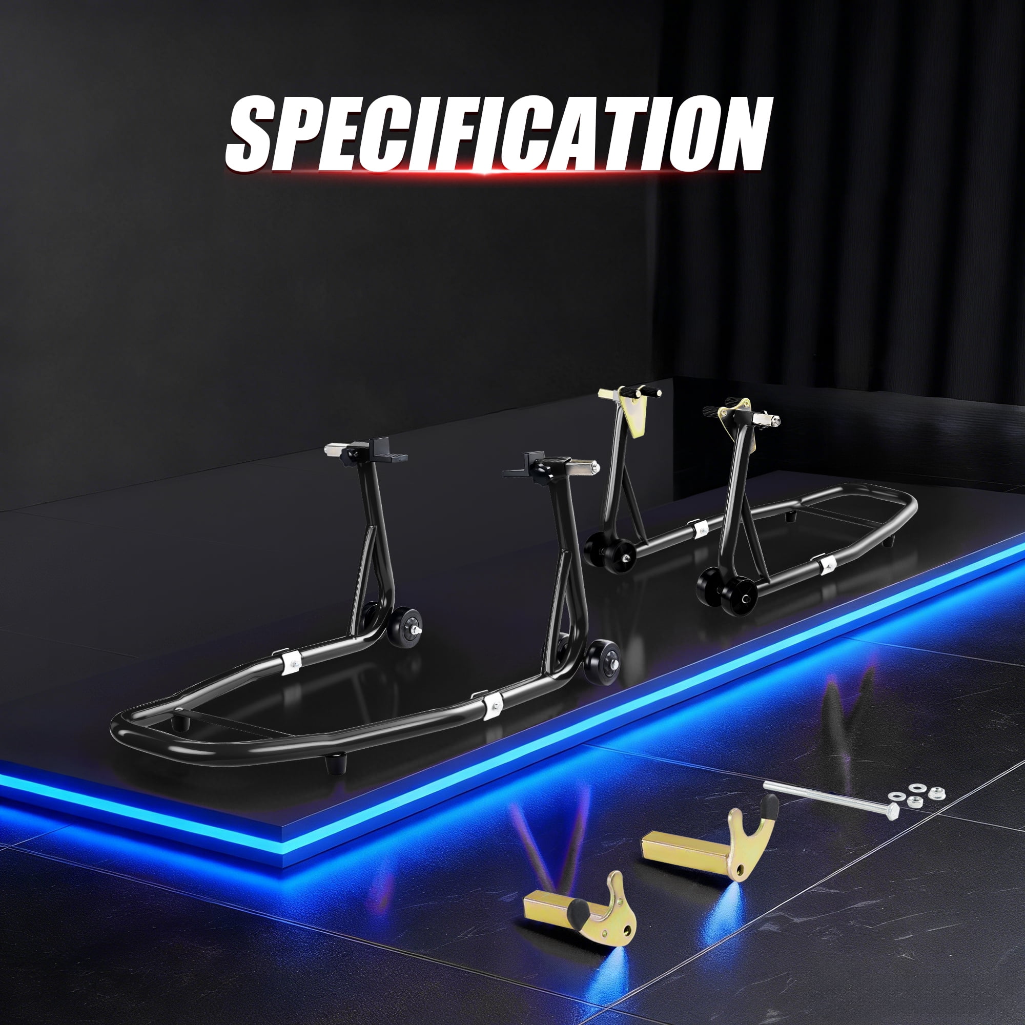 Universal Motorcycle Lifting Stands, 900 lbs Capacity Heavy Duty Front and Rear Wheel Lift with U+L Adjustable Swingarm Spool, Sport Bike Maintenance Stand for Garage Shop, Black