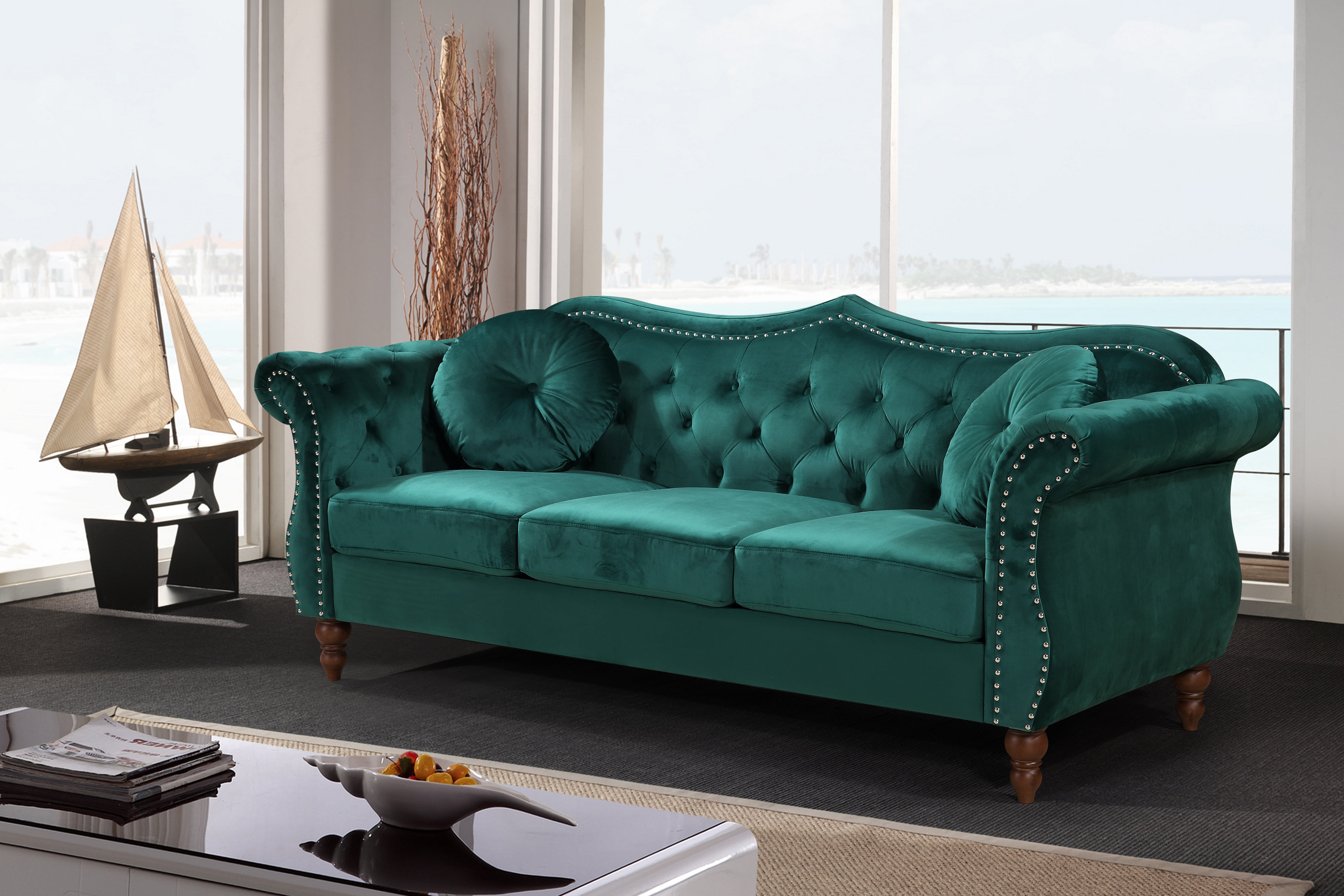Uspridefurniture Wymore 79.5'' Velvet Rolled Arm Sofa,Green