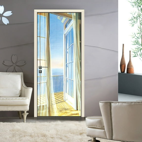 Modern Art 3D Door Sticker - Sea view sunshine - Peel and Stick Vinyl Door Mural Decals for Home Decor,,SP-F230,S(38.5x200cmx2Pcs)