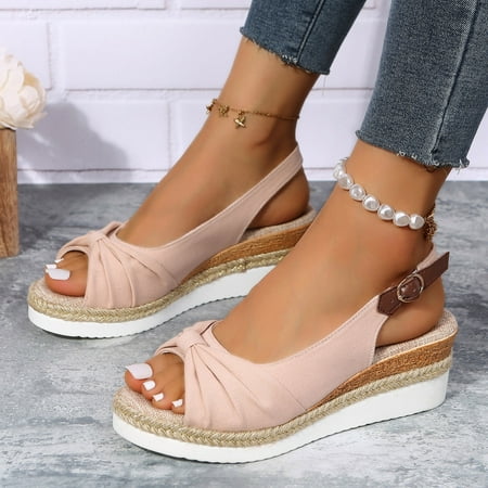 

Cathalem Ladies Fashion Summer Solid Color Fabric Casual Straw Bottom Wedge Buckle Sandals Pep Step Sandals for Women Pink 7.5